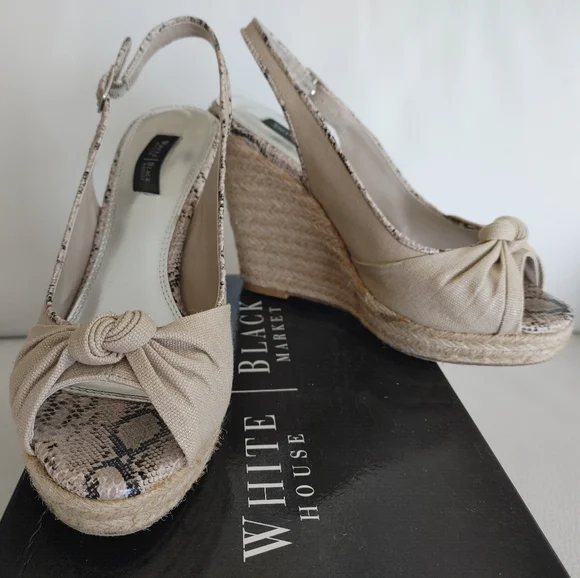 WHBM Daffodil Wedges - Beige with Snake Print Accents - Size 7.5 - Picture 1 of 7